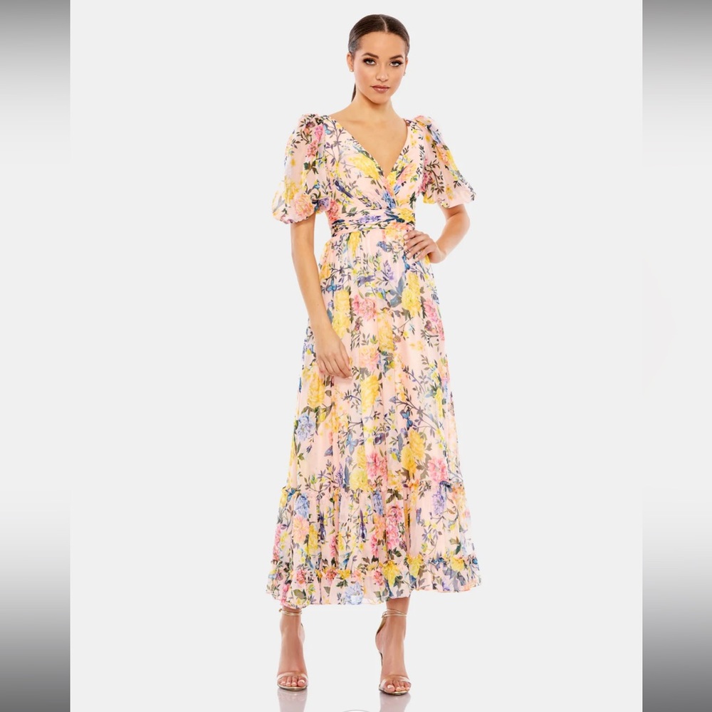 Mac Duggal Floral Print Chiffon Puff Sleeve Tiered Dress